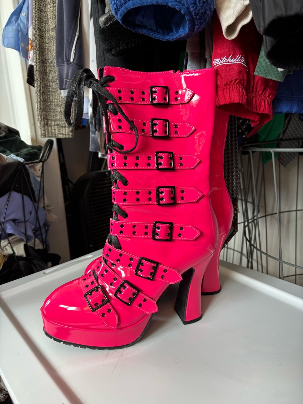 Ellie Hot Pink Buckle Lace-Up Platform Heels